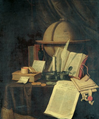 Omnia Vanitas: un globo terráqueo, una caviole, monedas y una copia de la London Gazette del 13 de julio de 1691 de Edwaert Colyer or Collier